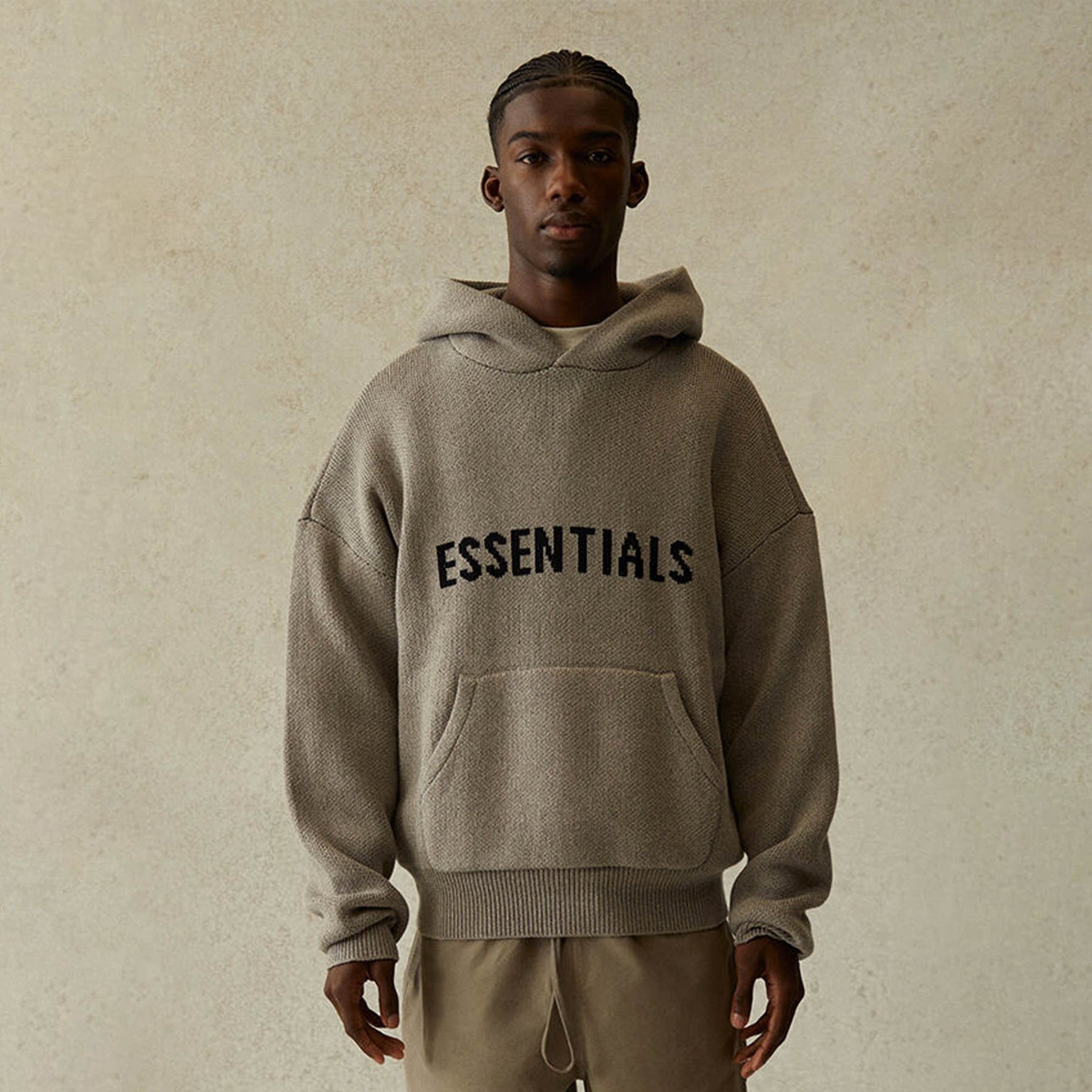 FEAR OF GOD ESSENTIALS Knit Pullover Hoodie Dark Heather Oatmeal ...