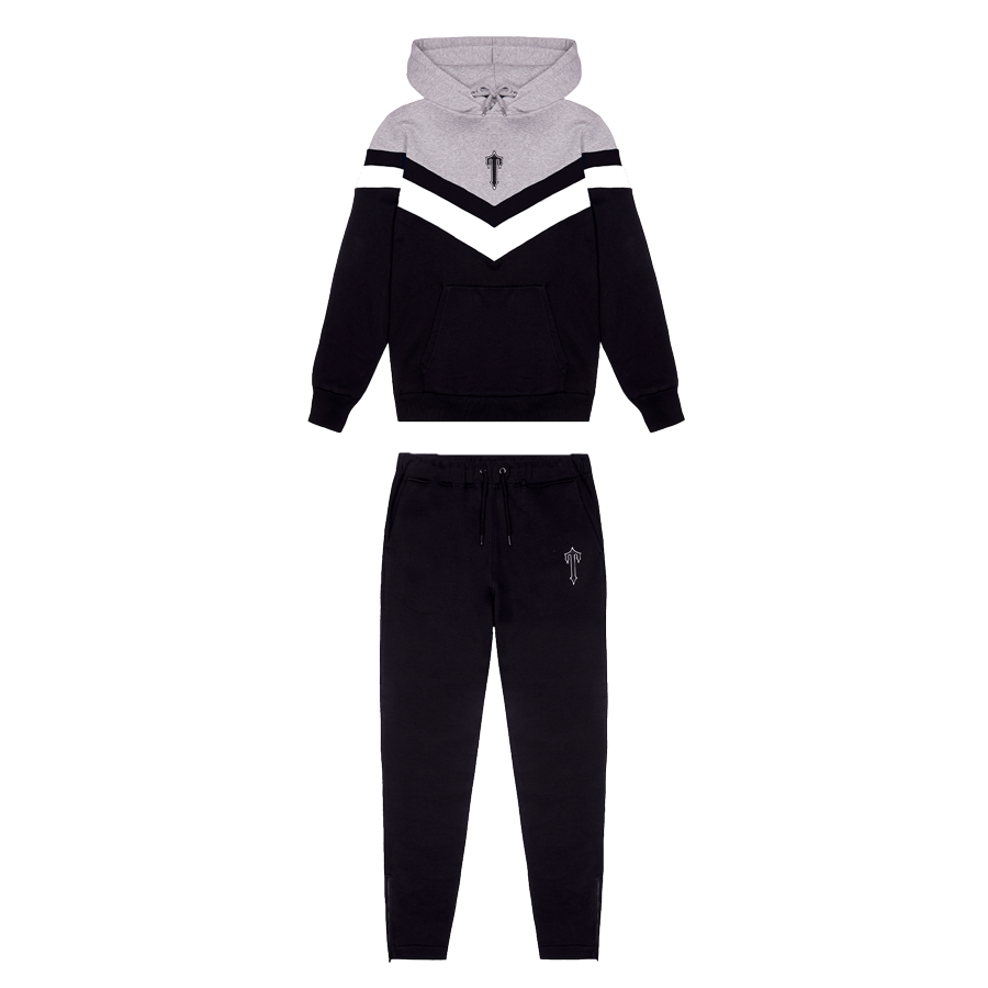 Trapstar V Stripe Hoodie Tracksuit - Black/White/Marl Grey - Kick Game